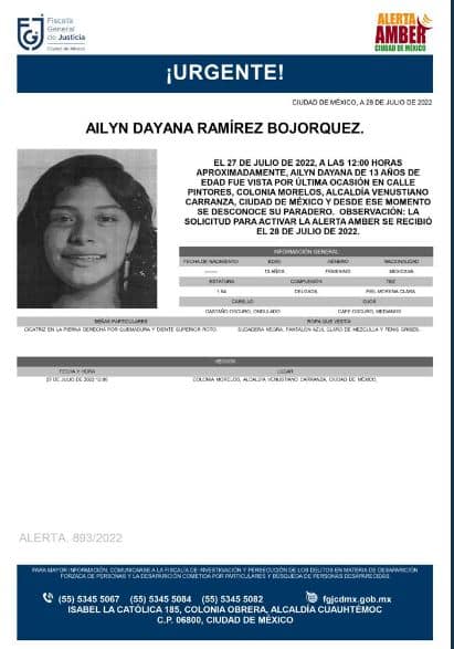 Activan Alerta Amber para localizar a Ailyn Dayana Ramírez Bojorquez