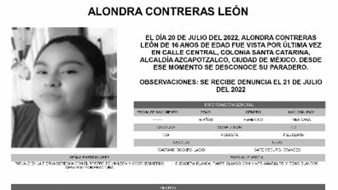 Activan Alerta Amber para localizar a Alondra Contreras León. Fuente: Twitter Fiscalía CDMX