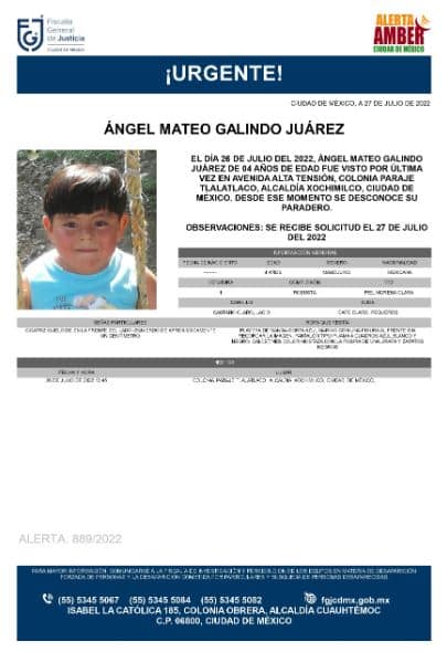 Activan Alerta Amber para localizar a Ángel Mateo Galindo Juárez