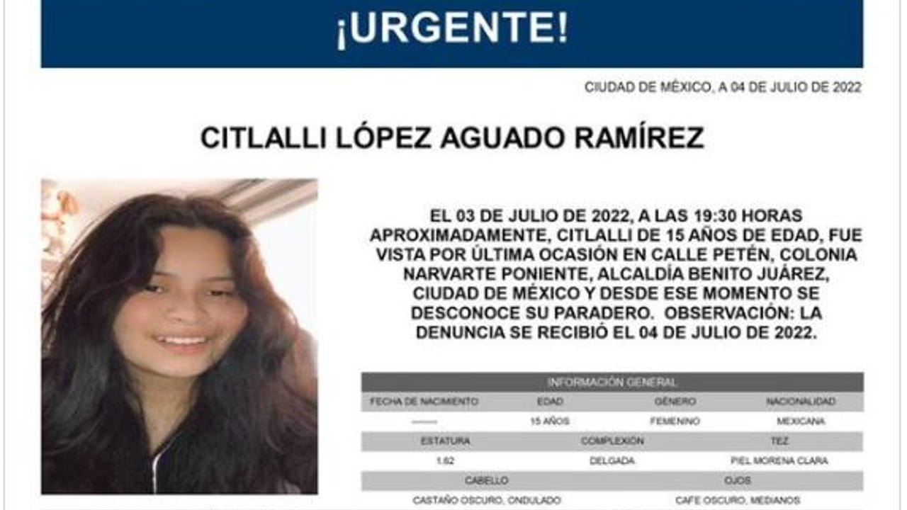 Activan Alerta Amber para Citlalli López Aguado Ramírez.