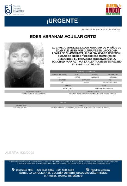 Activan Alerta Amber para localizar a Eder Abraham Aguilar Ortiz