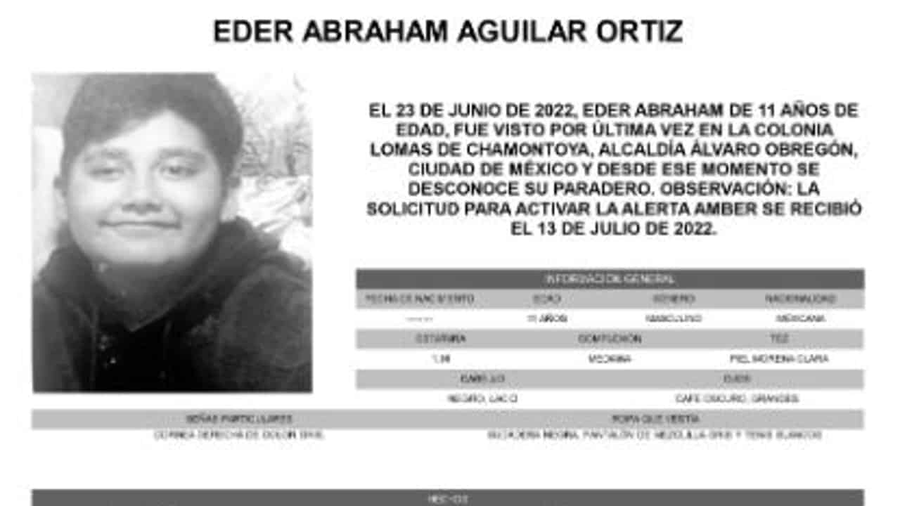 Activan Alerta Amber para localizar a Eder Abraham Aguilar Ortiz