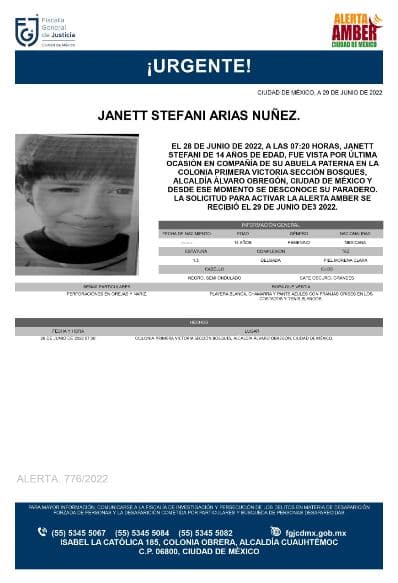 Activan Alerta Amber para localizar a Janett Stefani Arias Núñez