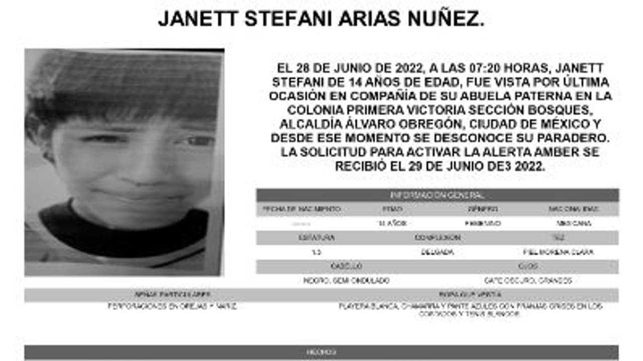 Activan Alerta Amber para localizar a Janett Stefani Arias Núñez.