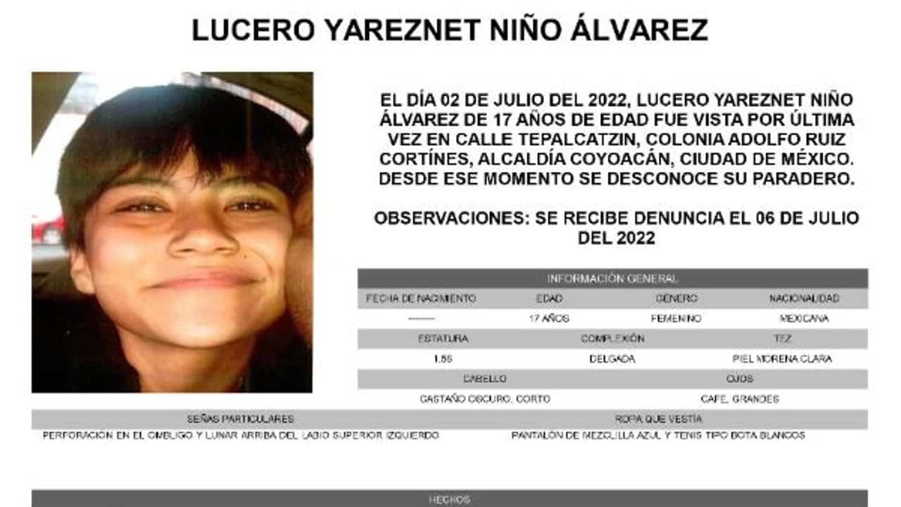 Activan Alerta Amber para localizar a Lucero Yareznet Niño Álvarez.