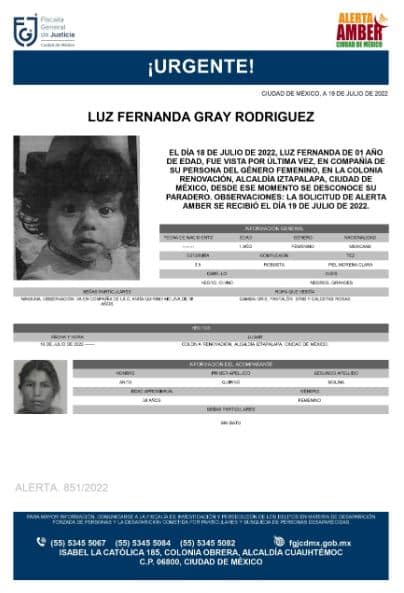Activan Alerta Amber para localizar a Luz Fernanda Gray Rodríguez