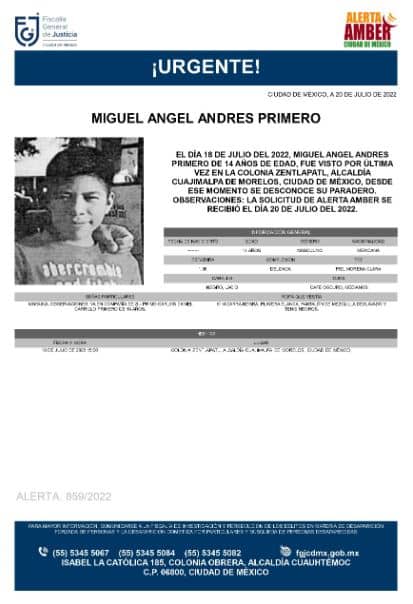 Activan Alerta Amber para localizar a Miguel Ángel Andrés Primero. 