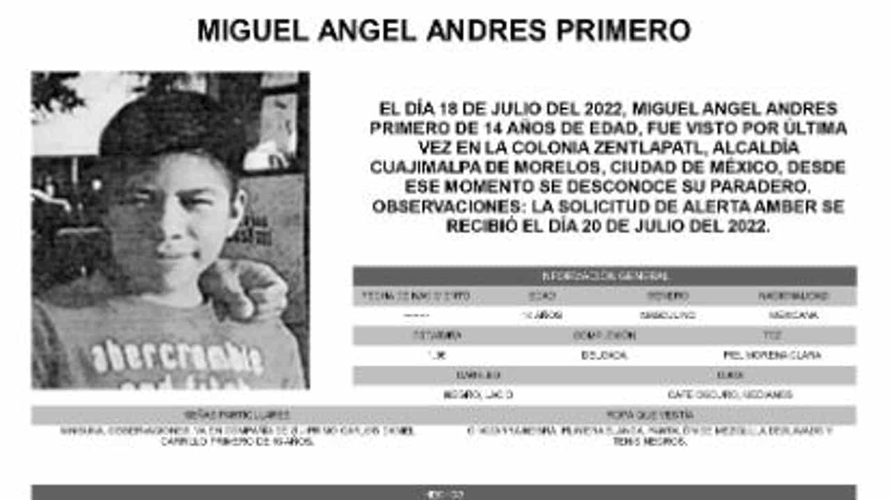 Activan Alerta Amber para localizar a Miguel Ángel Andrés Primero