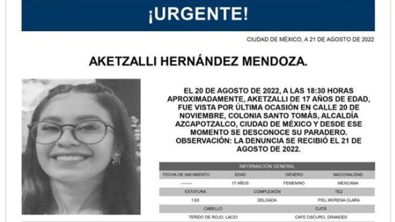Activan Alerta Amber para localizar a Aketzalli Hernández Mendoza.