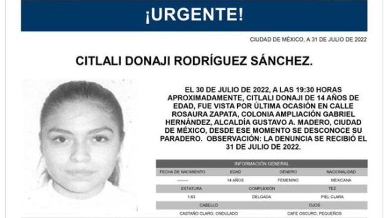 Activan Alerta Amber para localizar a Citlali Donaji Rodríguez Sánchez