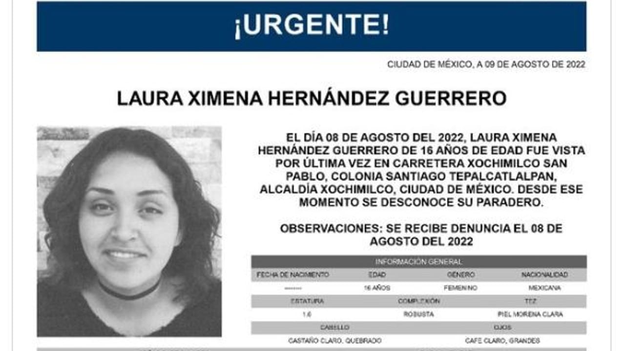 Activan Alerta Amber para localizar a Laura Ximena Hernández Guerrero.