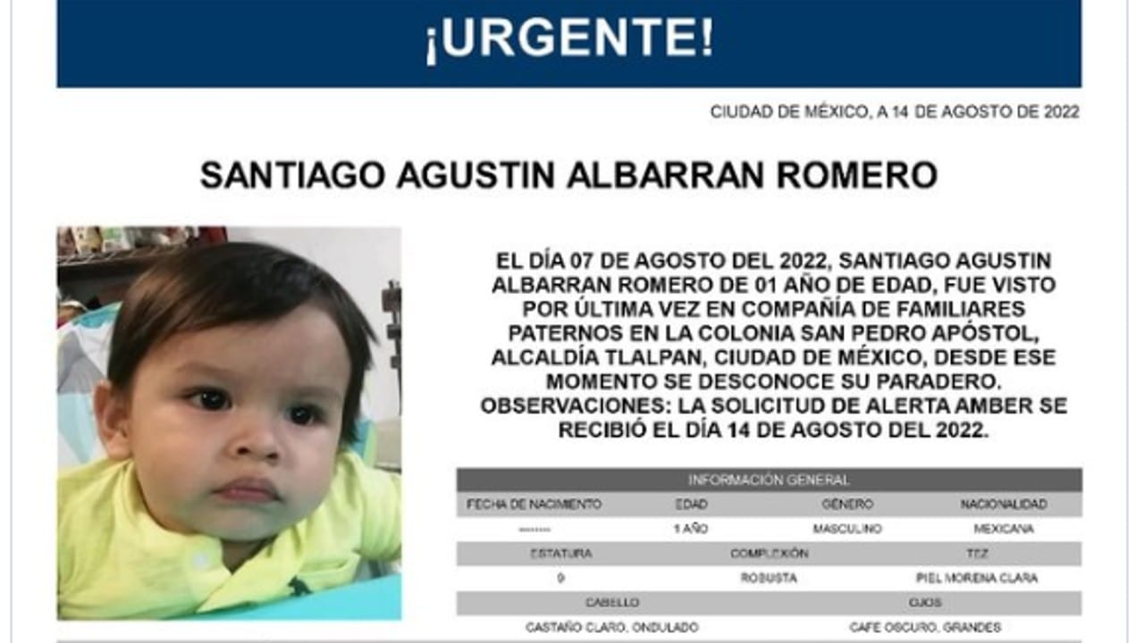 Activan Alerta Amber para localizar a Santiago Agustín Albarrán Romero de un año de edad.