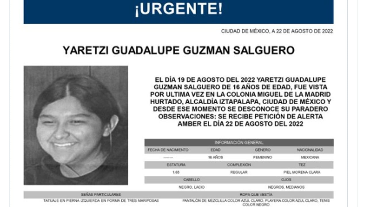 Activan Alerta Amber para localizar a Yaretzi Guadalupe Guzmán Salguero.