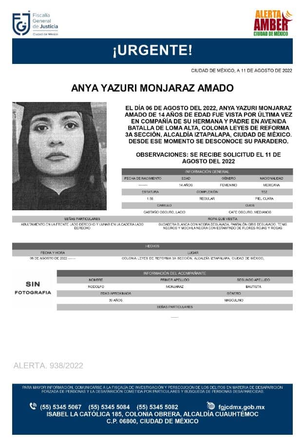 Activan Alerta Amber para localizar a Anya Yazuri Monjaraz