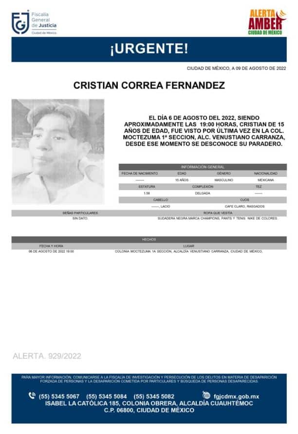 Activan Alerta Amber para localizar a Cristian Correa Fernández