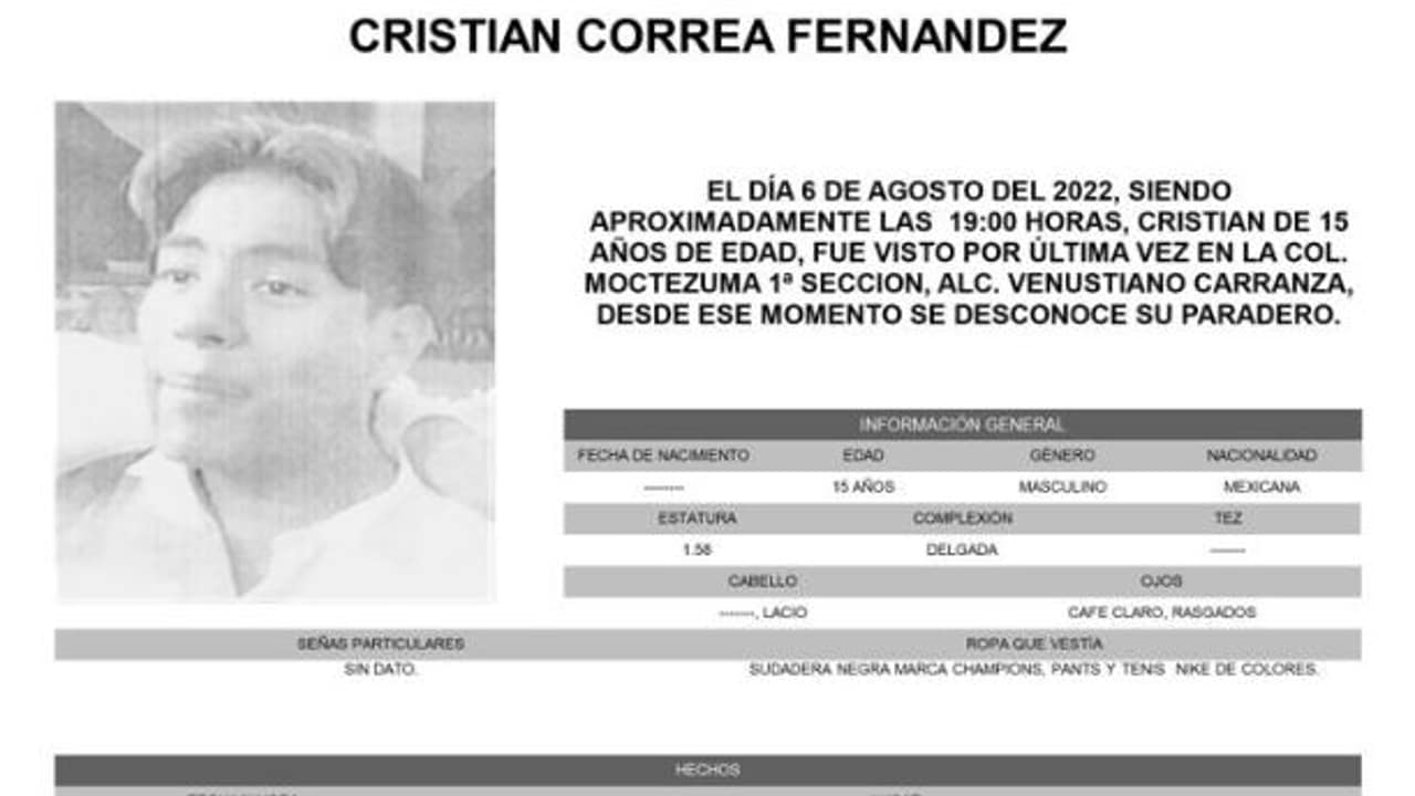 Activan Alerta Amber para localizar a Cristian Correa Fernández.
