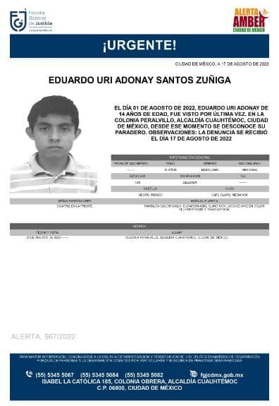 Activan Alerta Amber para localizar a Eduardo Uri Adonay Santos Zúñiga.