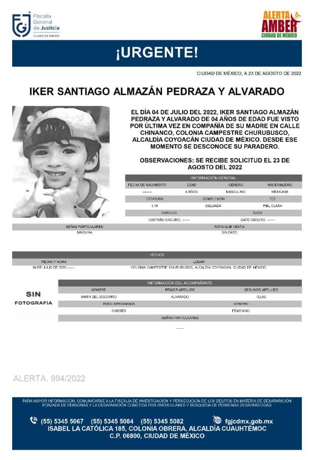  Activan Alerta Amber para localizar a Iker Santiago Almazán Pedraza y Alvarado