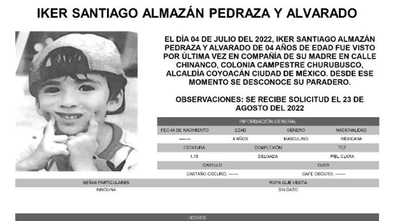 Activan Alerta Amber para localizar a Iker Santiago Almazán Pedraza y Alvarado.