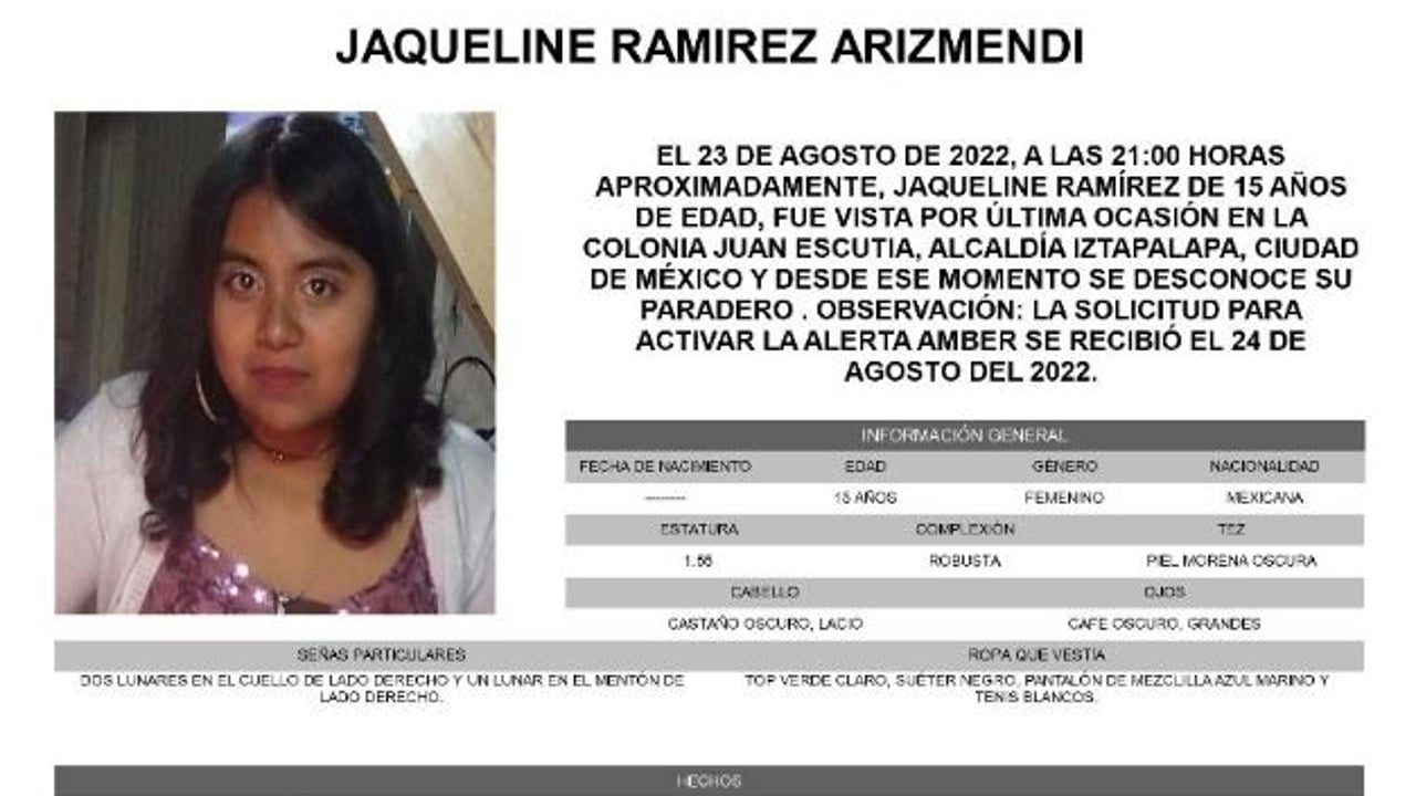 Activan Alerta Amber para localizar a Jaqueline Ramírez Arizmendi.