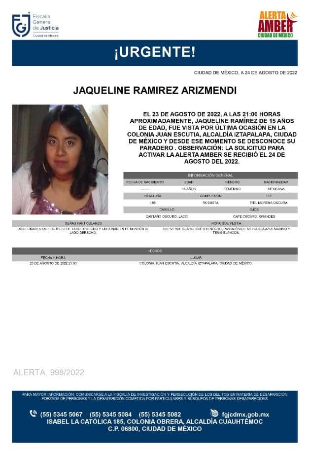 Activan Alerta Amber para localizar a Jaqueline Ramírez Arizmendi