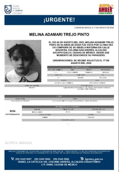 Activan Alerta Amber para localizar a Melina Adamari Trejo Pinto.