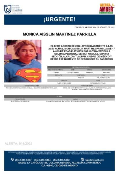 Activan Alerta Amber para localizar a Mónica Aisslin Martínez Parrilla.
