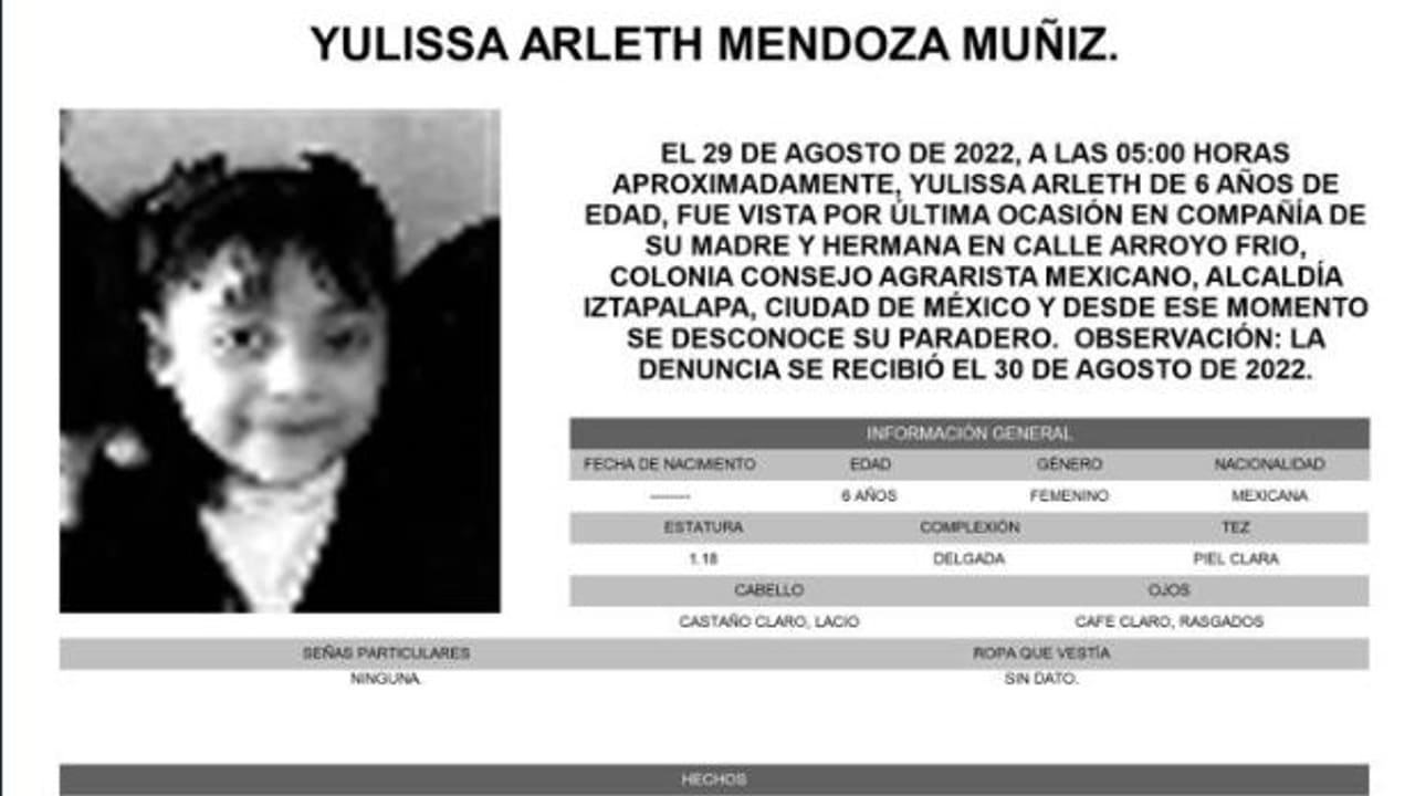 Activan Alerta Amber para localizar a Yulissa Arleth Mendoza Muñiz.