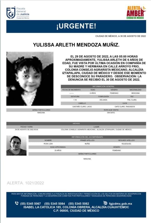 Activan Alerta Amber para localizar a Yulissa Arleth Mendoza Muñiz