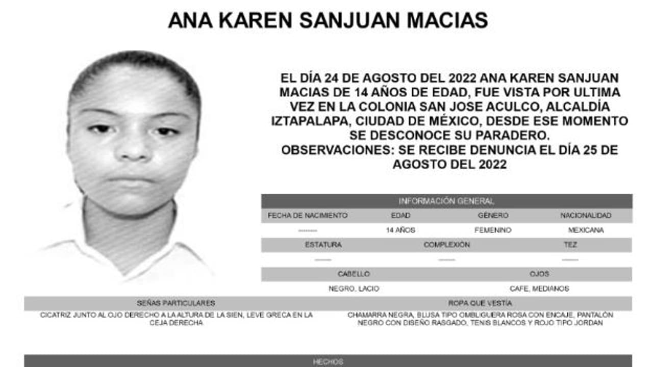 Activan Alerta Amber para localizar a Ana Karen Sanjuan Macías