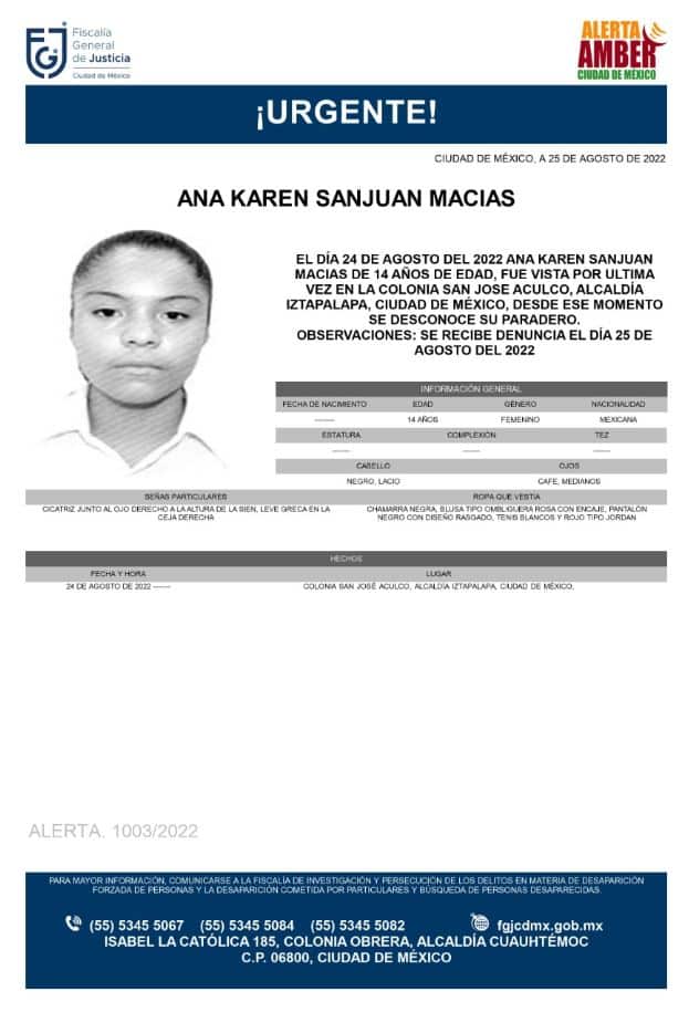 Activan Alerta Amber para localizar a Ana Karen Sanjuan Macías.