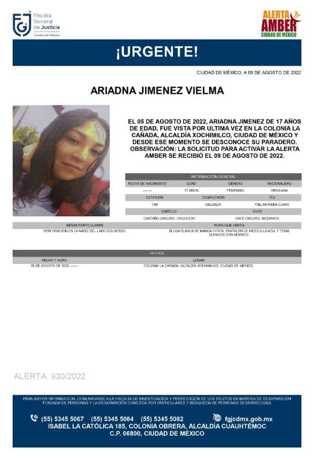 Activan Alerta Amber para localizar a Ariadna Jiménez Vielma. 