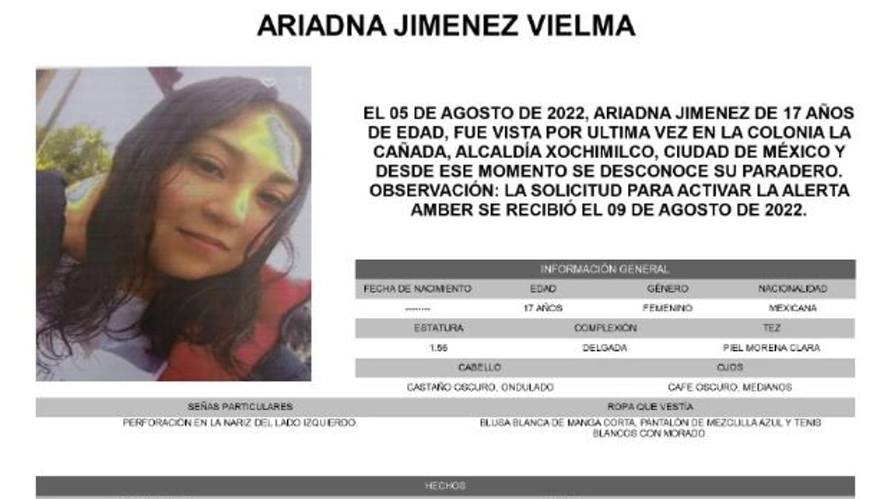 Activan Alerta Amber para localizar a Ariadna Jiménez Vielma