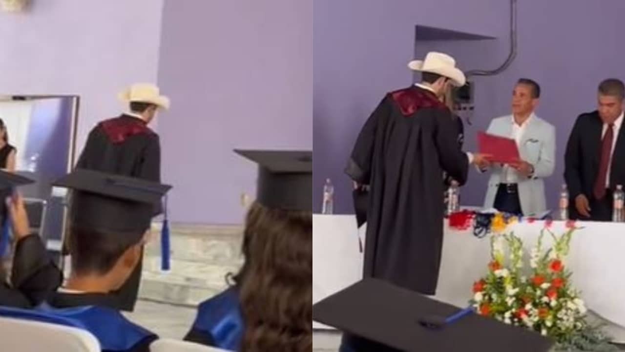 Joven usa sombrero en lugar de birrete en graduación