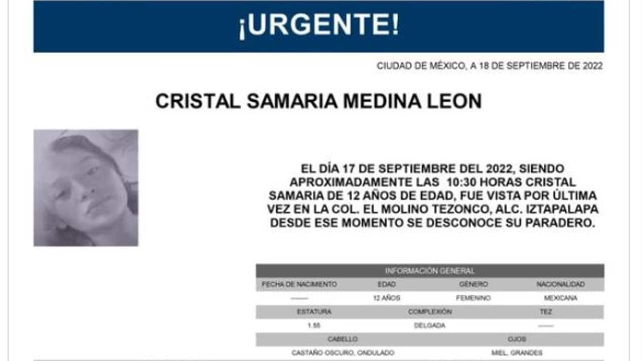 Activan Alerta Amber para localizar a Cristal Samaria Medina León