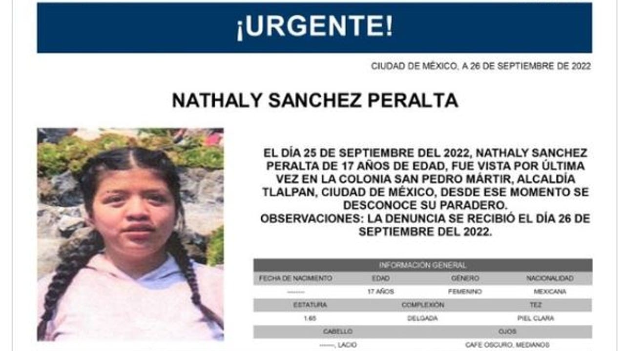 Activan Alerta Amber para localizar a Nathaly Sánchez Peralta.