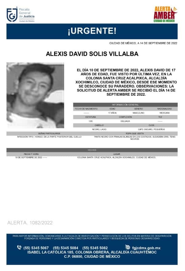 Activan Alerta Amber para localizar a Alexis David Solís Villalba