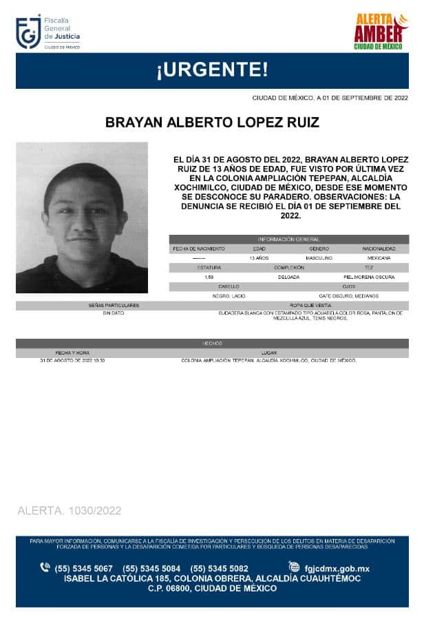 Activan Alerta Amber para localizar a Brayan Alberto López Ruiz