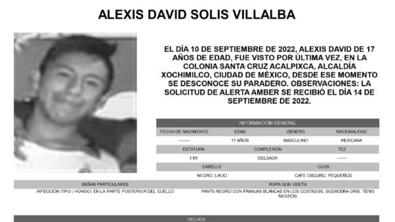 Activan Alerta Amber para localizar a Alexis David Solís Villalba.