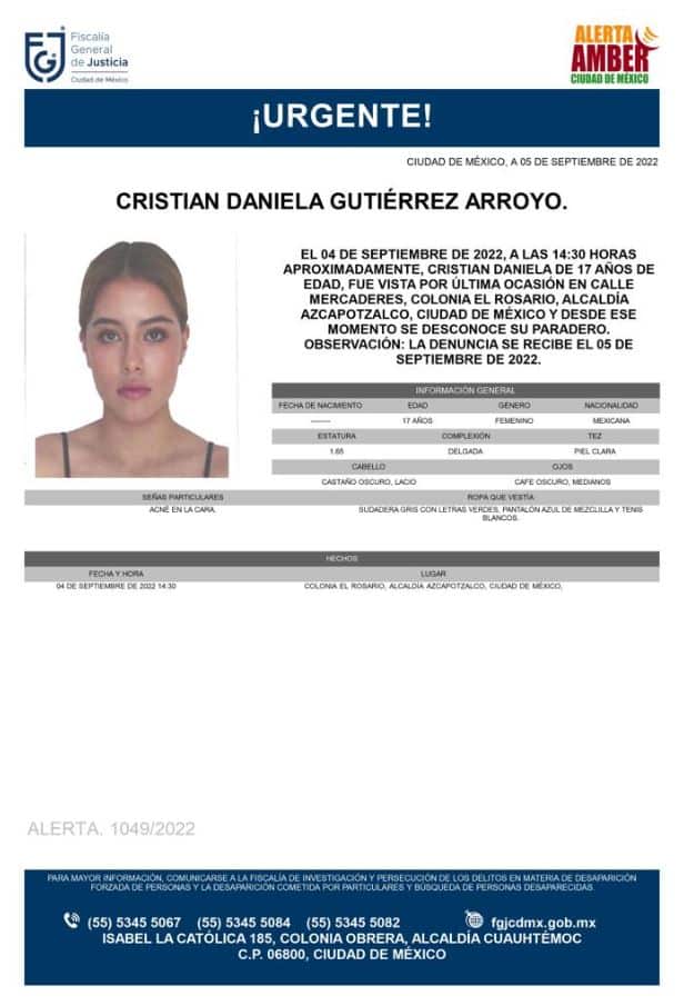 Activan Alerta Amber para localizar a Cristian Daniela Gutiérrez Arroyo. 