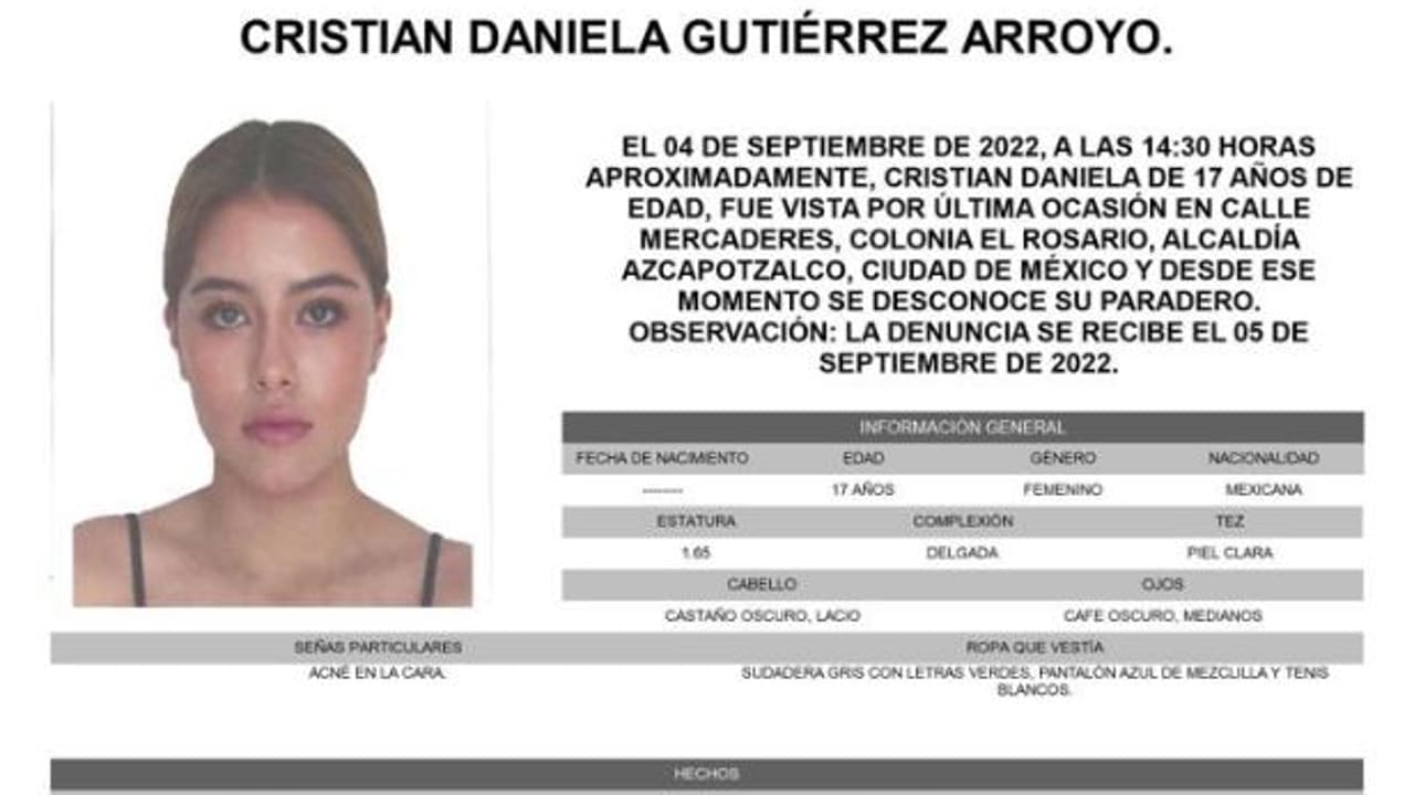 Activan Alerta Amber para localizar a Cristian Daniela Gutiérrez Arroyo