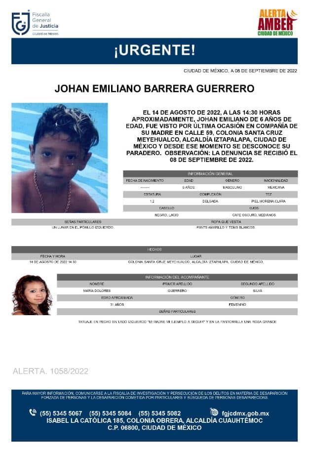 Activan Alerta Amber para localizar a Johan Emiliano Barrera Guerrero