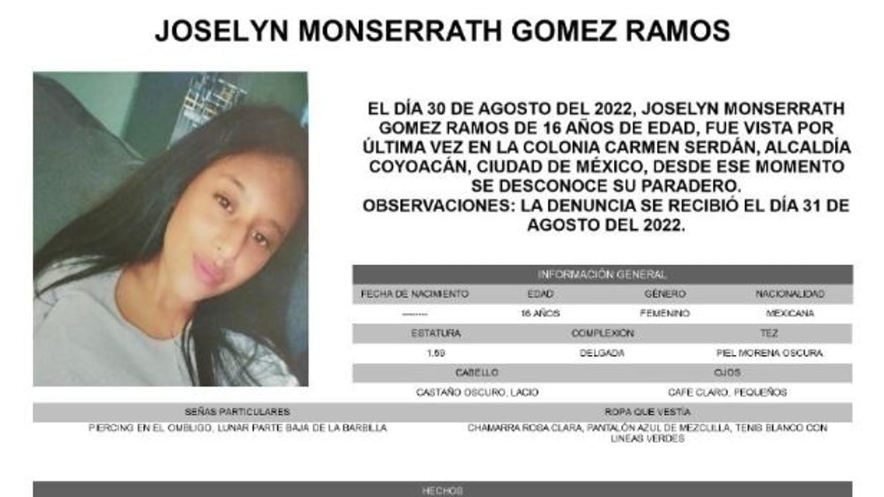Activan Alerta Amber para localizar a Joselyn Monserrath Gómez Ramos