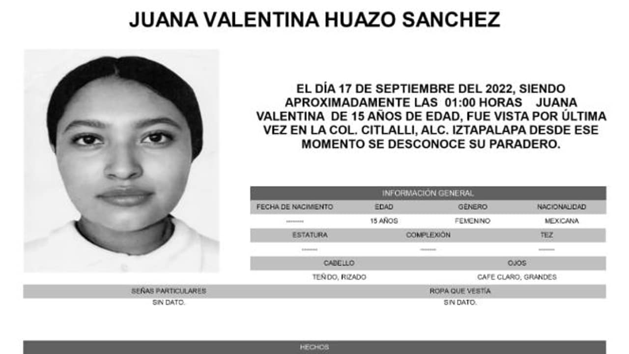 Activan Alerta Amber para localizar a Juana Valentina Huazo Sánchez.