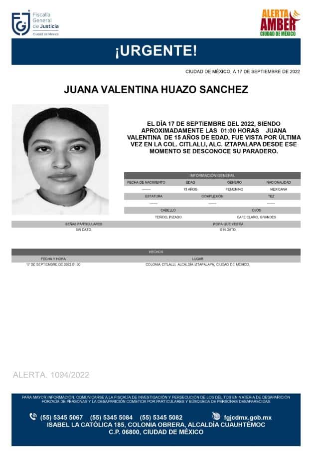 Activan Alerta Amber para localizar a Juana Valentina Huazo Sánchez