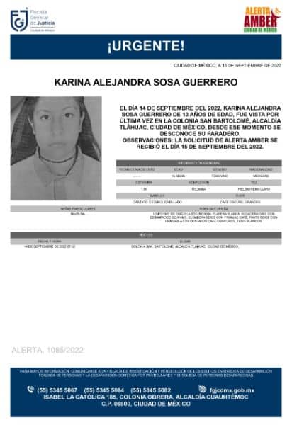 Activan Alerta Amber para localizar a Karina Alejandra Sosa Guerrero. Fuente: Twitter @FiscaliaCDMX