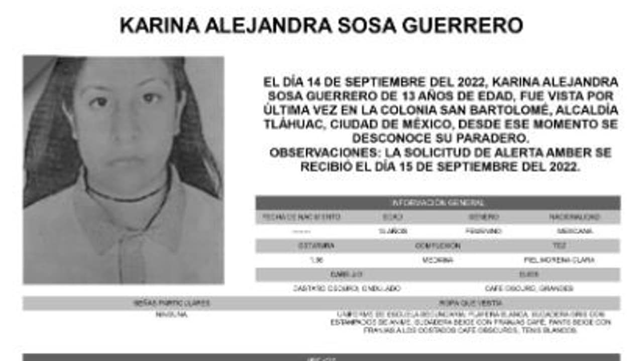 Activan Alerta Amber para localizar a Karina Alejandra Sosa Guerrero
