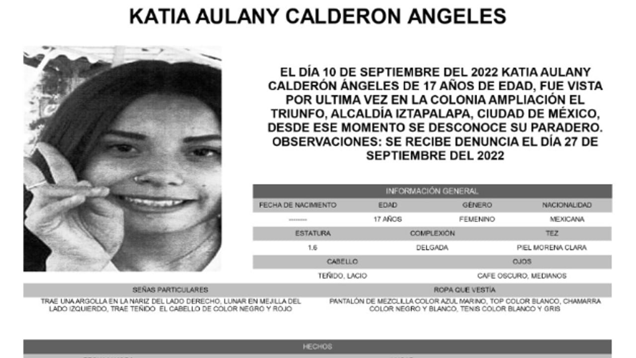 Activan Alerta Amber para localizar a Katia Aulany Calderón Ángeles