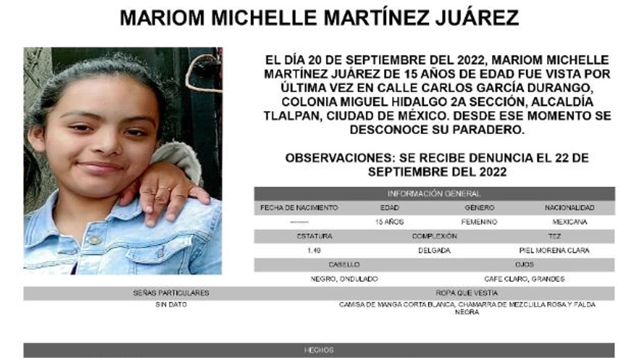 Activan Alerta Amber para localizar a Mariom Michelle Martínez Juárez