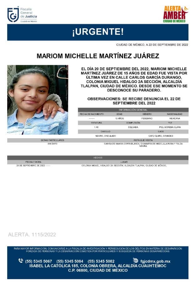 Activan Alerta Amber para localizar a Mariom Michelle Martínez Juárez. 